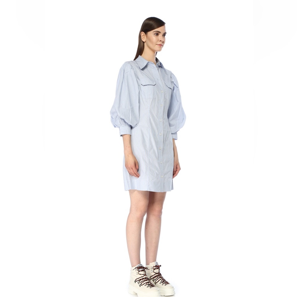 GANNI Blue Cotton Striped Button Front Balloon Sleeve Shirt Dress